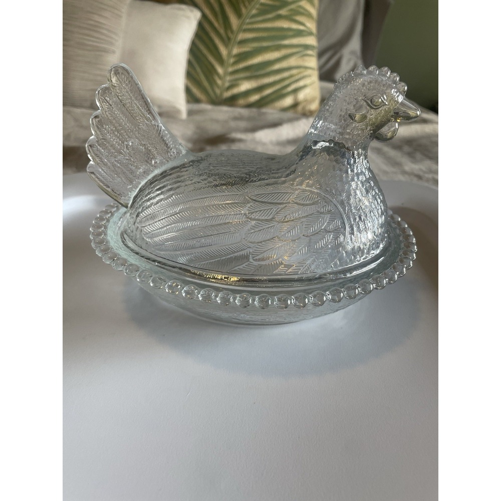 vintage "Hen on Nest" covered candy dish looks clear with a blue tint Perfect 7" - Picture 3 of 10